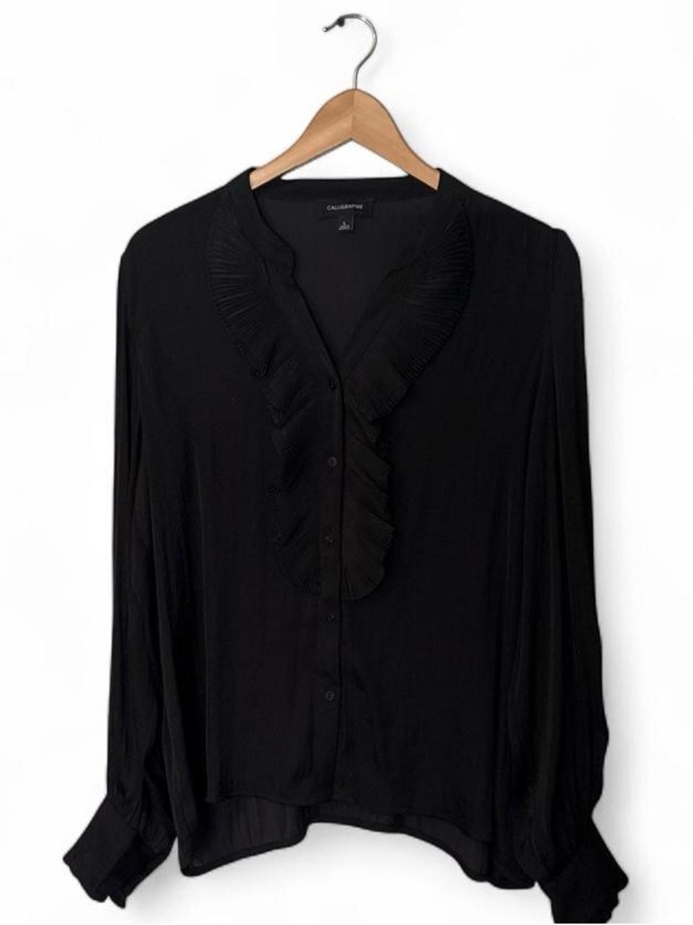 Calligraphie Black Ruffled V-Neck Button Blouse L Office Dark Academia Chic